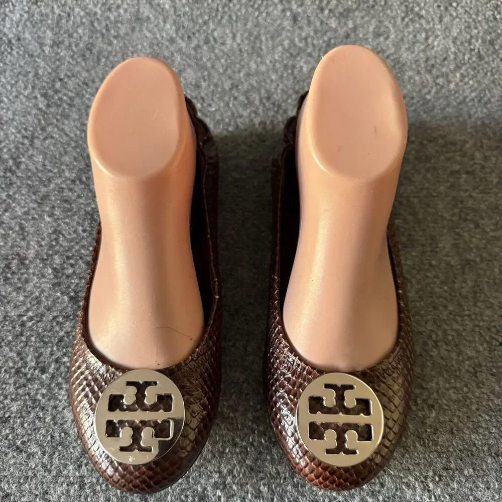 Tory Burch Reva Ballet Flat in Burgundy Snakeskin Print with Silver Medallion 37